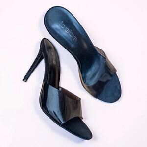 2000s Bebe Sandraa Clear Strap Rhinestone Heel Smoke Black Slide Heels 7.5
